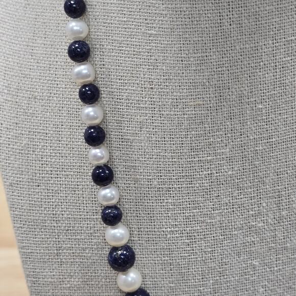 Lapis Lazuli and Pearl Graduated Bead Thread Strung 17" Necklace 14K GF Clasp - Picture 4 of 16
